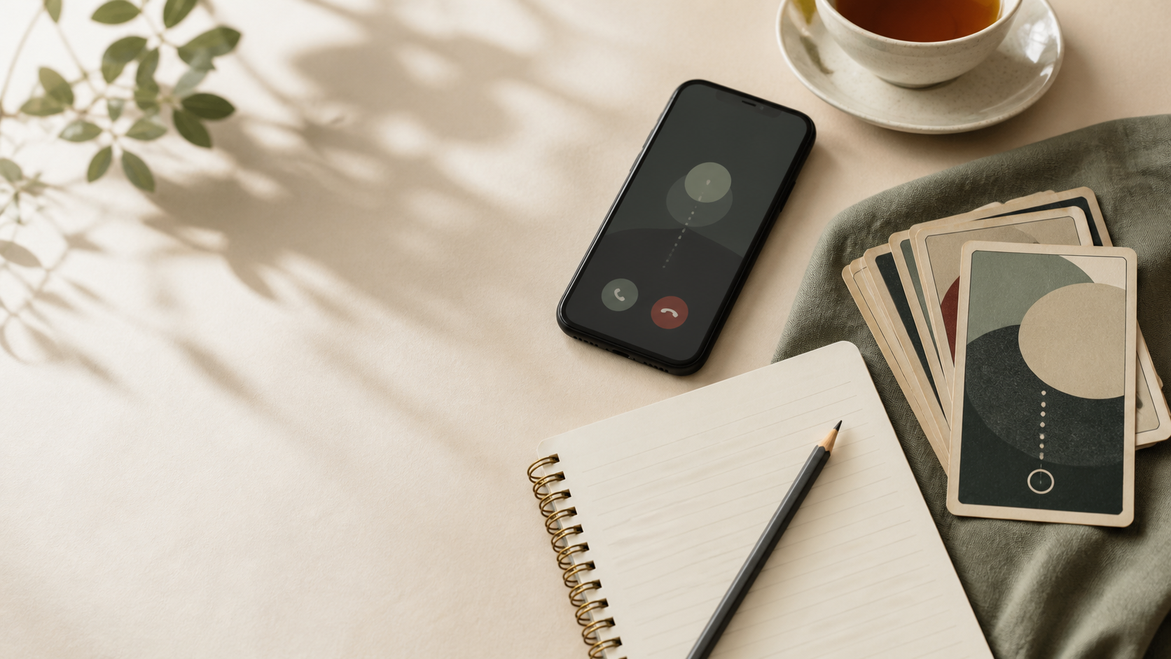 A calm desk scene with a phone call screen, notebook, pencil, tea, and abstract cards for preparing an online reading